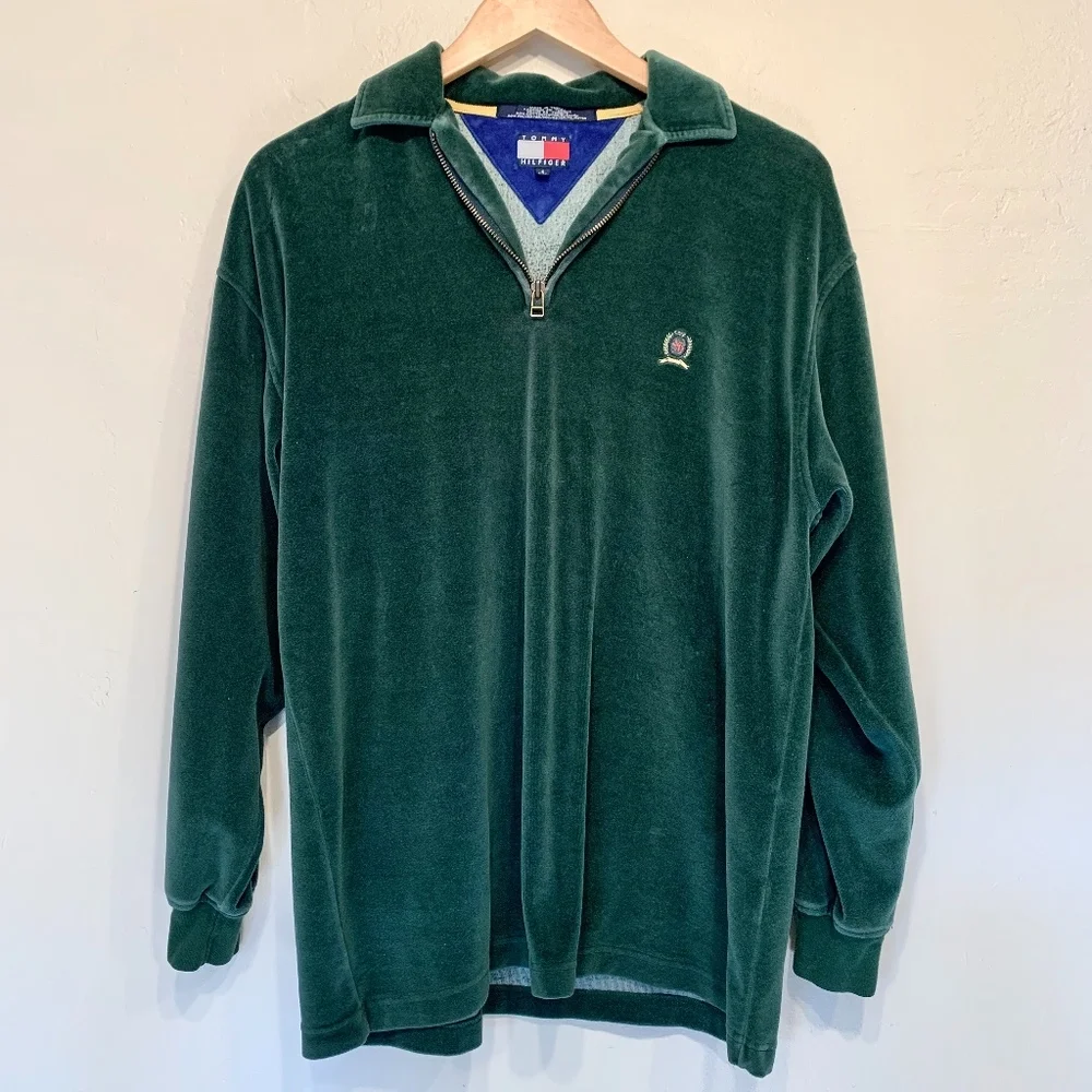 Tommy Hilfiger Throwback 90's Crest Capsule Embroidered Velour Neck Zip Sweater